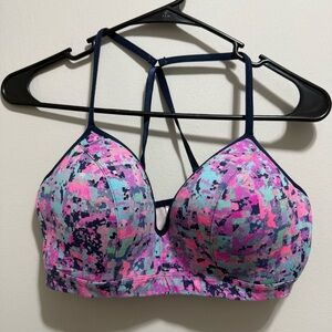 MTA Sport Pink & Teal Abstract Print Strappy Sports Bra L